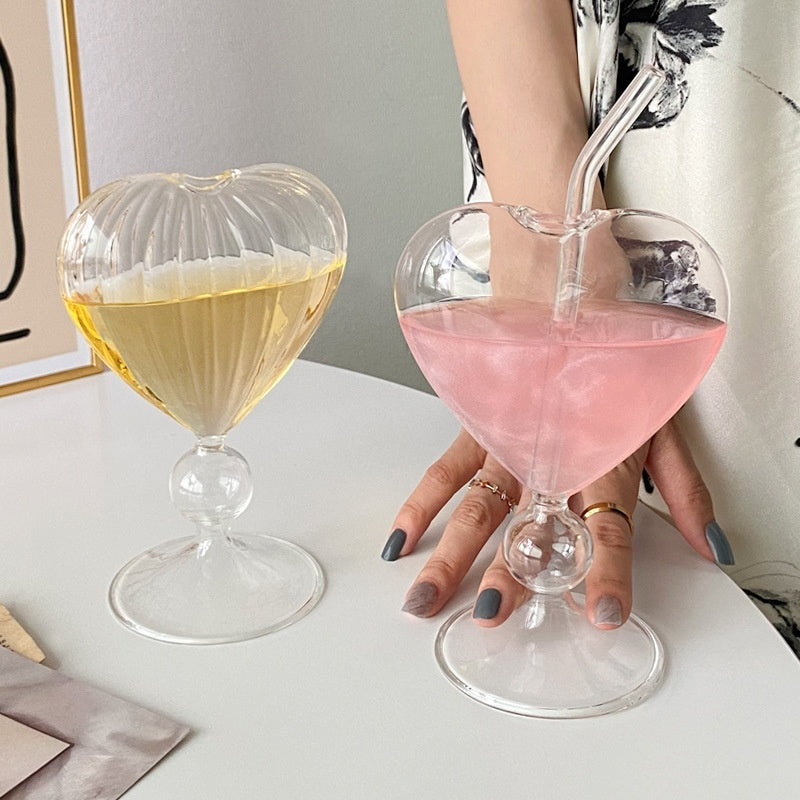 Heart-Shaped Glass Cup with Straw – Trendy Cocktail & Juice Goblet (Paris Series)